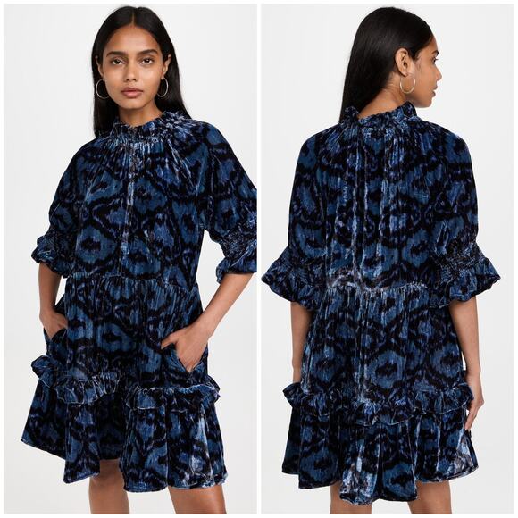 Figue Halima Velvet Mini Dress Navy Blue Tiger Eye Ikat - Picture 1 of 12